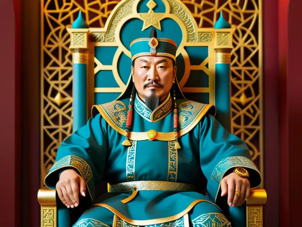 Genghis Khan, fundador del Imperio Mongol, en un trono dorado con arte islámico