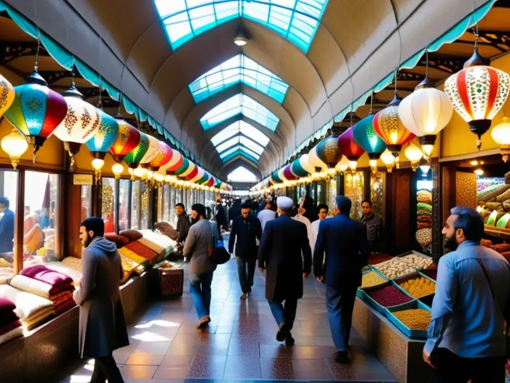 Descubre el Gran Bazar de Teherán: un pasillo bullicioso con alfombras persas y faroles, teñido de luz y colores, aromas y sonidos