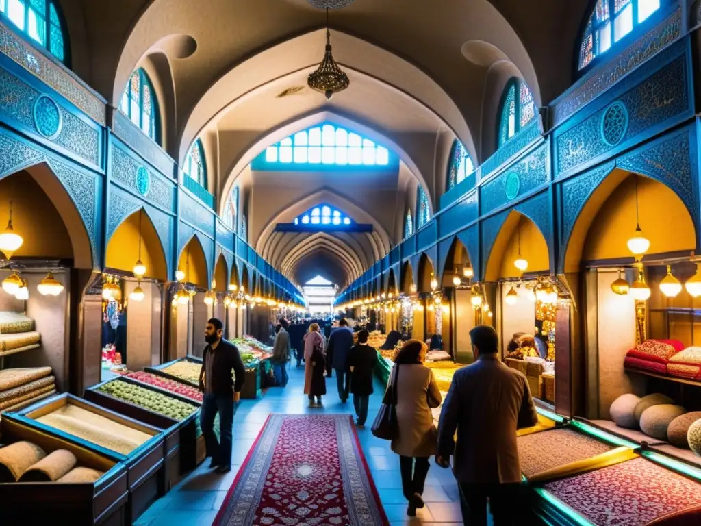 Descubre el Gran Bazar de Teherán entre sus vibrantes alfombras persas, cobre intrincado y textiles coloridos