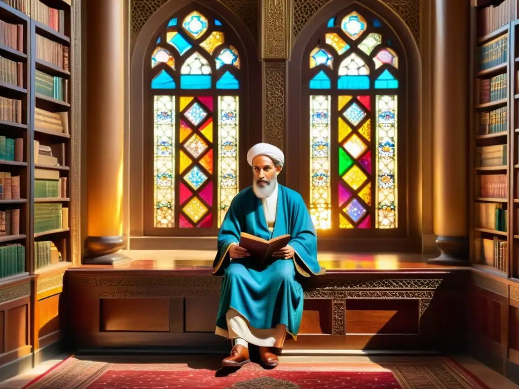 El gran filósofo Averroes, o Ibn Rushd, reflexiona en una biblioteca ornada, inmerso en la filosofía islámica en Europa