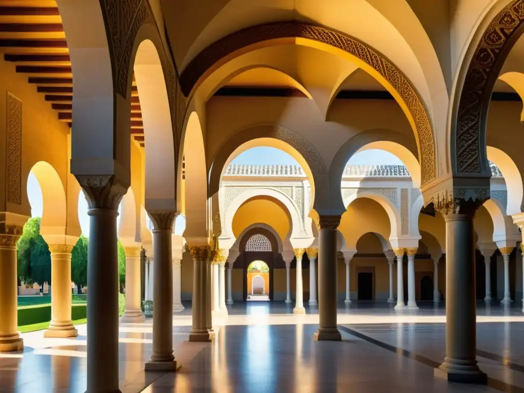 La Gran Mezquita de Córdoba, con sus arcos en herradura, patrones geométricos e historia islámica, bañada por la cálida luz del sol