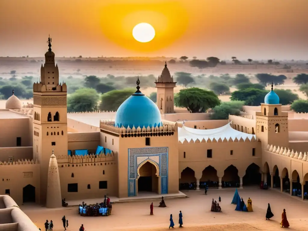 La Gran Mezquita de Djenné en Mali, con su arquitectura de adobe, minaretes imponentes y patio lleno de fieles