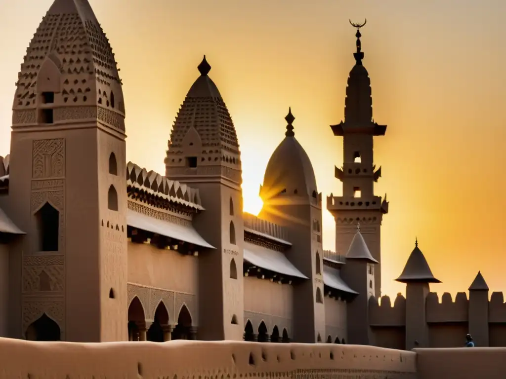 La Gran Mezquita de Djenne en Mali, con su arquitectura de adobe detallada y minaretes imponentes, iluminada por el cálido atardecer