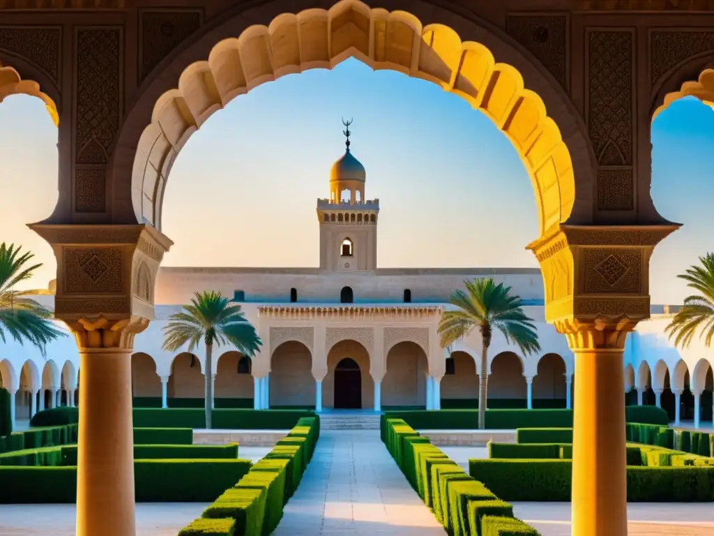 La Gran Mezquita de Kairouan al atardecer, muestra la magnificencia de la arquitectura Aglábida en el norte de África