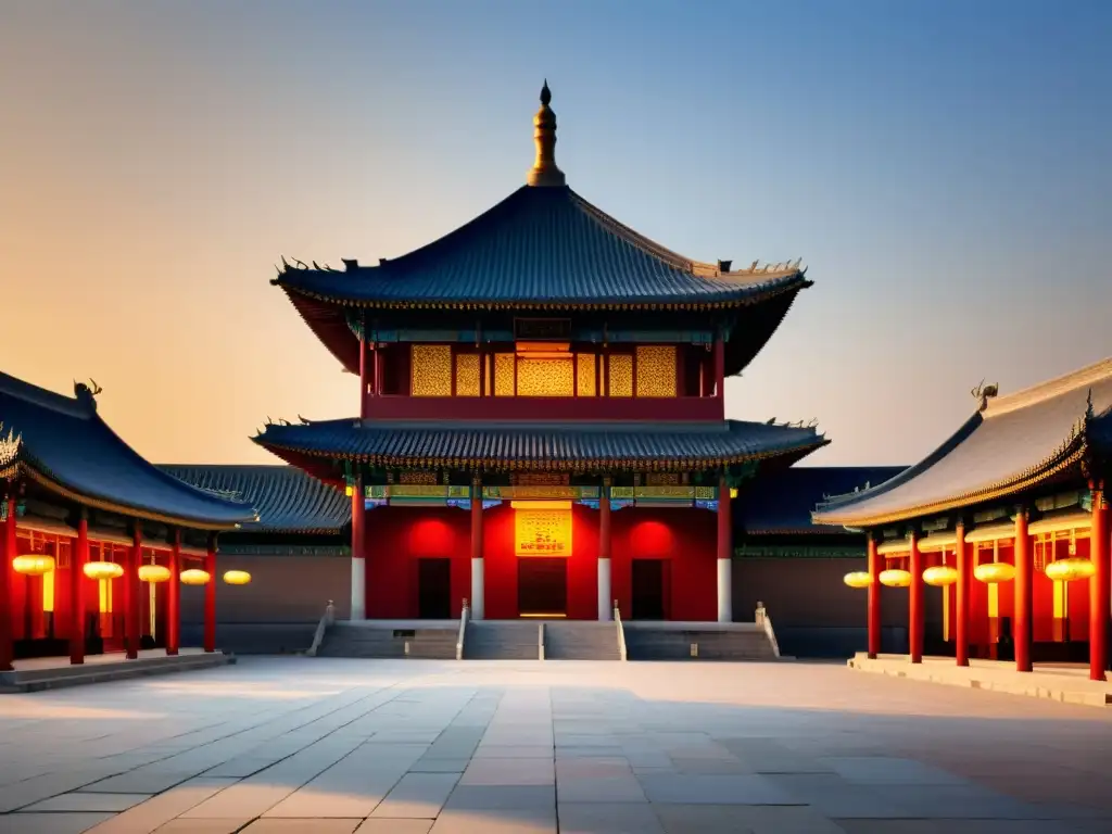 La Gran Mezquita de Xi'an bañada por la cálida luz del atardecer, reflejando la armonía de culturas y la tensión histórica del Islam en China