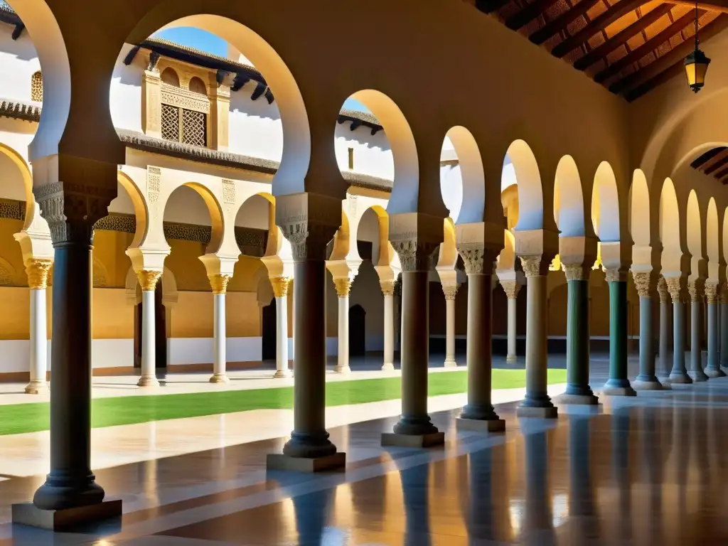 La Gran Mezquita de Córdoba, con detalles arquitectónicos y juego de luces en sus arcos de herradura y columnas