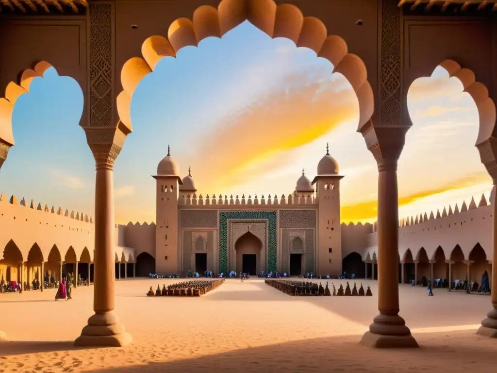 La Gran Mezquita de Djenné en Mali, con su estructura de adobe, minaretes y patio central lleno de fieles y comerciantes