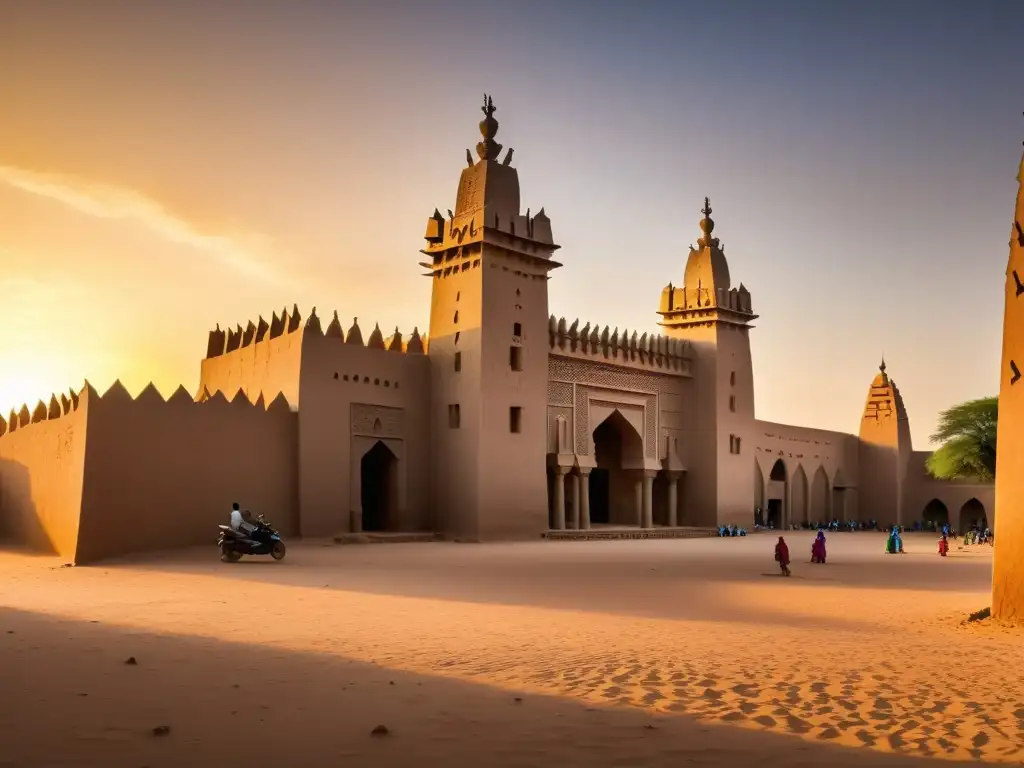 La Gran Mezquita de Djenné en Mali, con influencias arquitectónicas islámicas y materiales locales, bañada en la cálida luz del atardecer africano