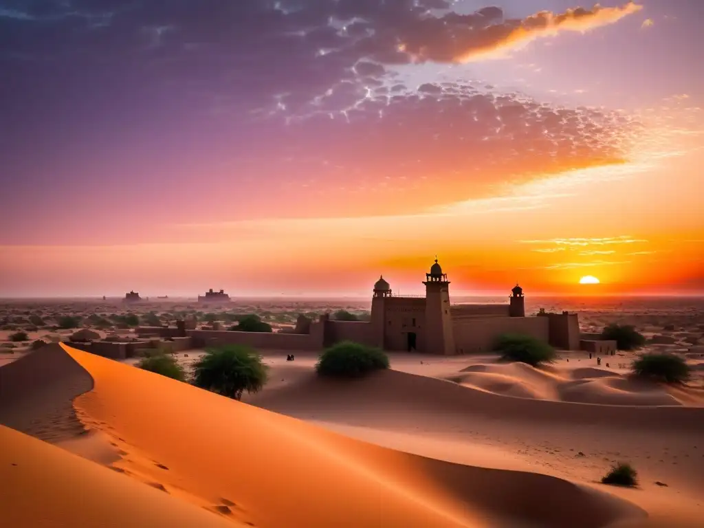 La Gran Mezquita en silueta se destaca en un atardecer sobre Timbuktu, con tonos anaranjados, rosados y morados