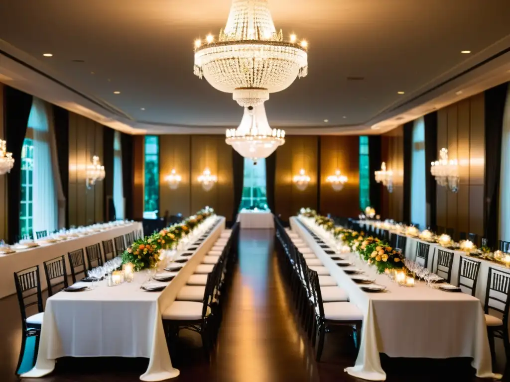 Gran salón de banquetes con elegantes candelabros y mesas largas adornadas con exquisitos arreglos florales