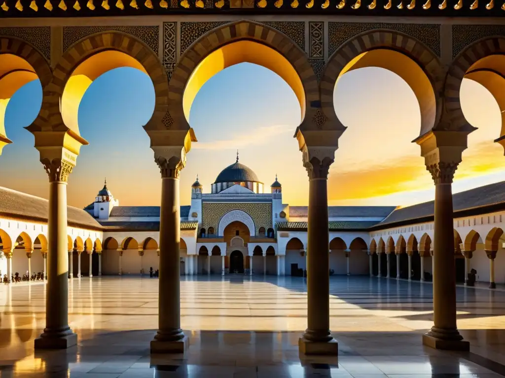 Una ilustración fotorrealista y grandiosa de la Gran Mezquita de Córdoba durante la época del Califato Omeya, con arcos intrincados, impresionantes mosaicos y un sentido de grandeza