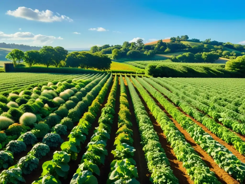 Una granja orgánica exuberante bañada en luz dorada con alimentos orgánicos halal certificados en armonía natural y tranquilidad