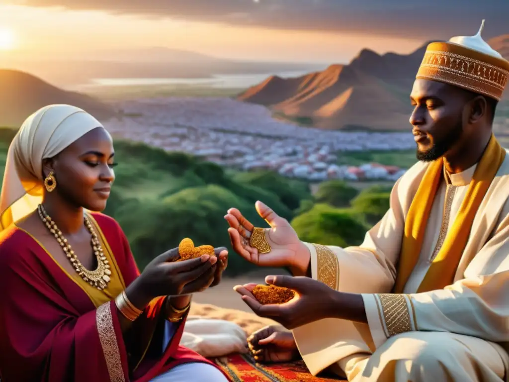 Grupo de africanos musulmanes en ceremonia religiosa con tradiciones africanas en Islam, vestimenta colorida y paisaje africano al atardecer