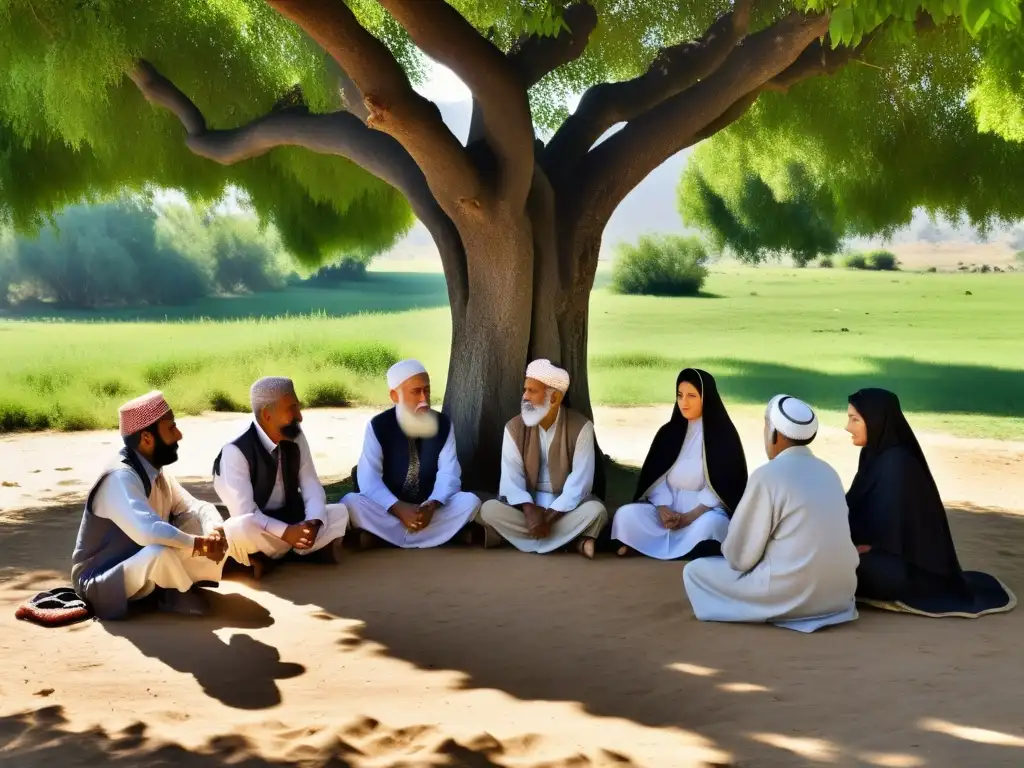 Un grupo de ancianos y ancianas escuchan atentamente a un narrador bajo la sombra de un árbol