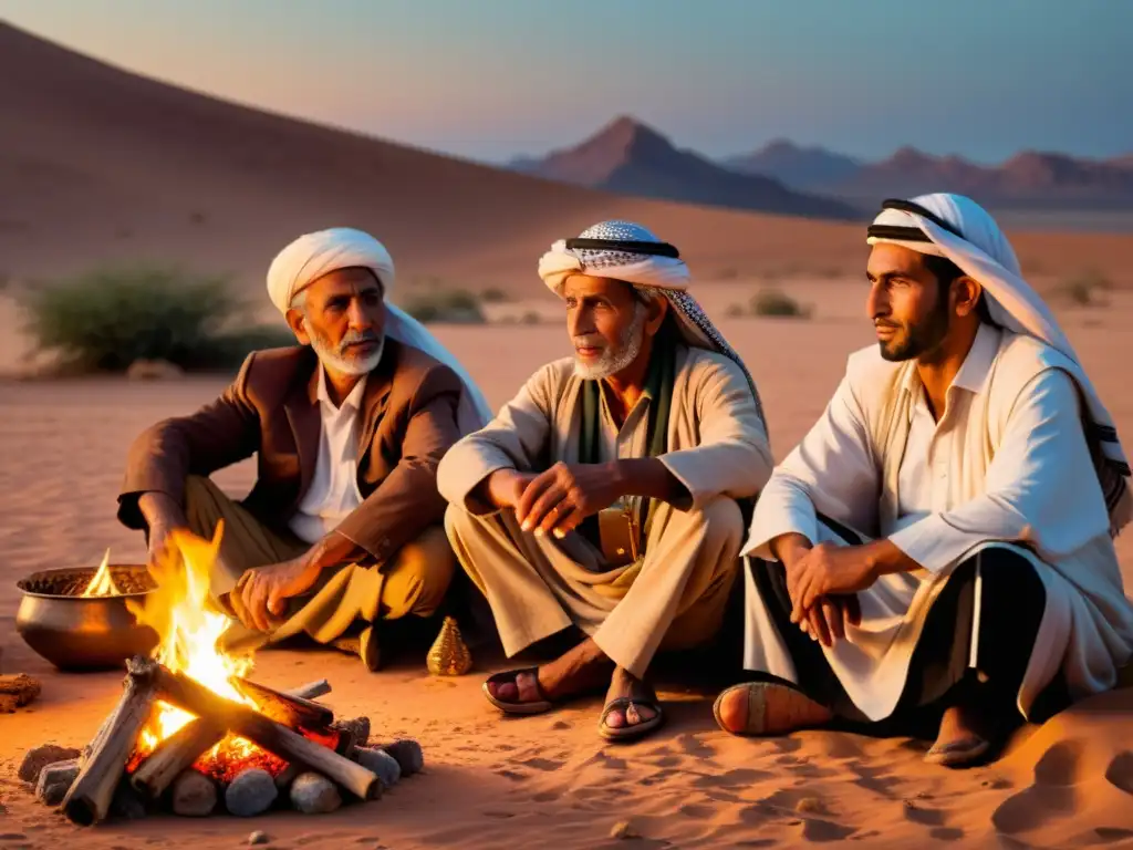Grupo de ancianos beduinos recitando poesía alrededor de una fogata en el desierto al anochecer, capturando la tradición beduina en la poesía