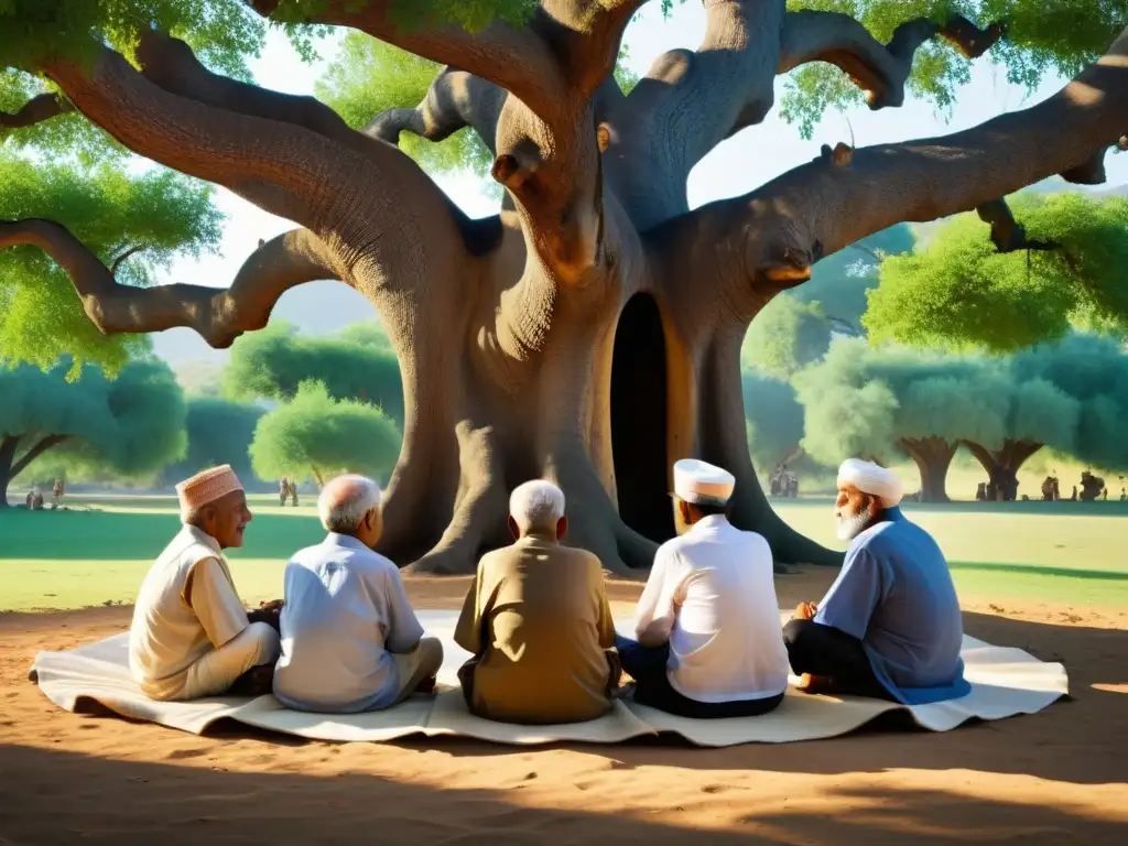 Un grupo de ancianos comparte historias bajo un árbol ancestral, preservando la genealogía islámica en una escena vibrante y realista