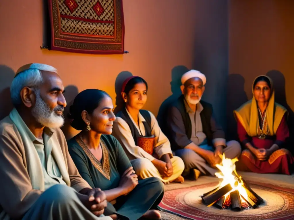 Un grupo de ancianos escucha atentamente a un narrador en una habitación iluminada por el cálido resplandor de una hoguera