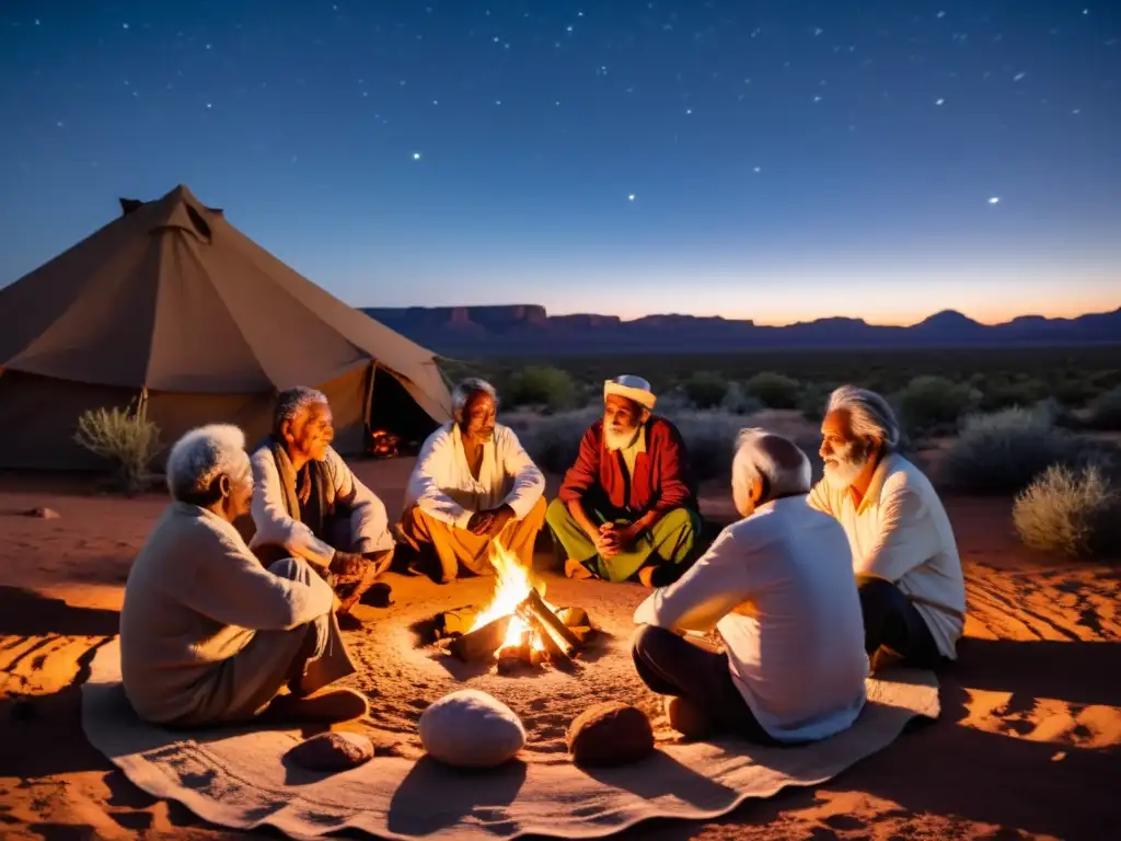 Grupo de ancianos comparten narrativa oral en el Islam alrededor de una fogata bajo el cielo estrellado del desierto