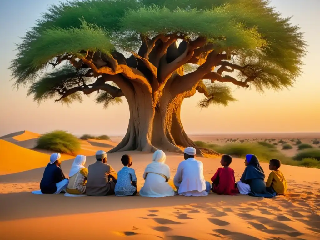 Un grupo de ancianos y niños escuchan narrativas orales bajo un antiguo árbol, rodeados de dunas doradas al atardecer