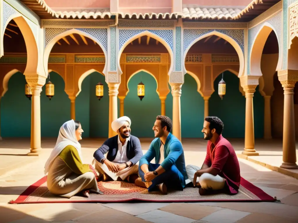 Grupo disfrutando animada conversación en un patio tradicional del Medio Oriente, entre textiles vibrantes y faroles