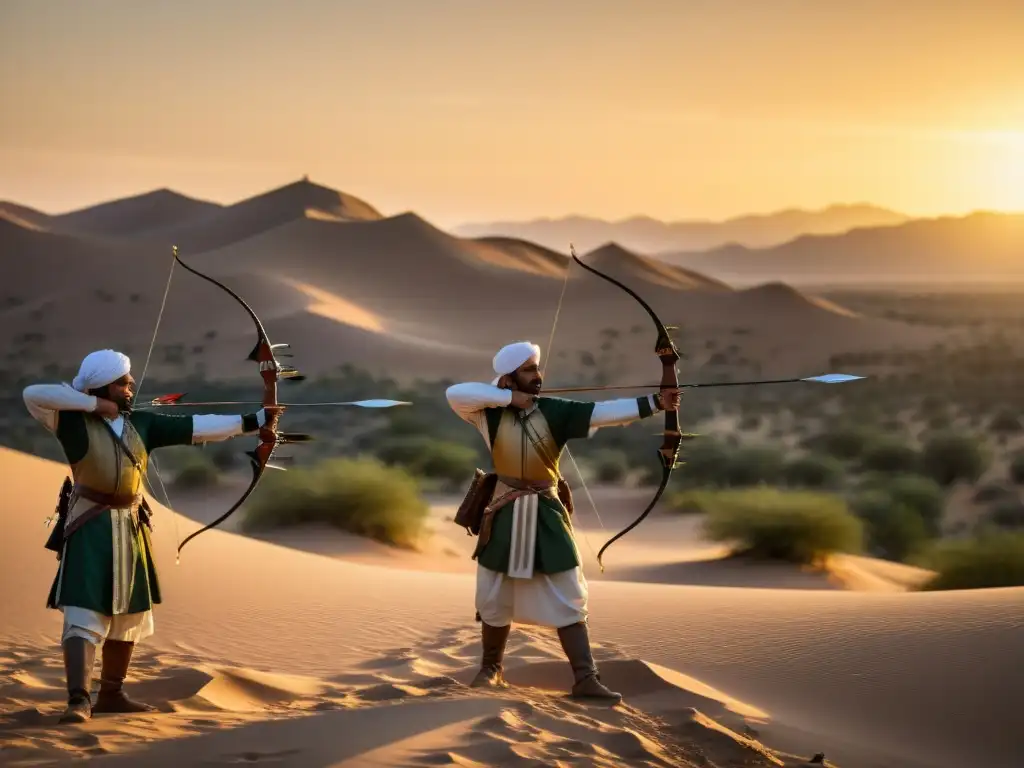 Grupo de arqueros con raíces arqueras mundo islámico, vestidos tradicionalmente, apuntando hacia un objetivo en el desierto al atardecer