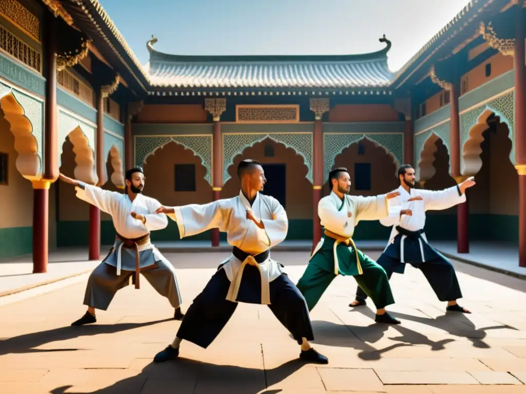 Grupo realizando artes marciales tradicionales en un patio islámico soleado con movimientos sincronizados y vestimenta tradicional