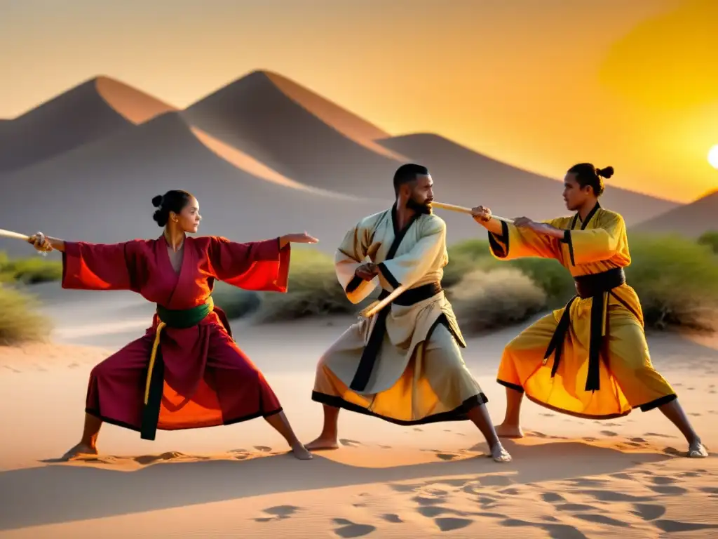 Grupo de artistas realiza danza de Tahtib en un oasis al atardecer, resaltando la importancia del Tahtib en celebraciones islámicas