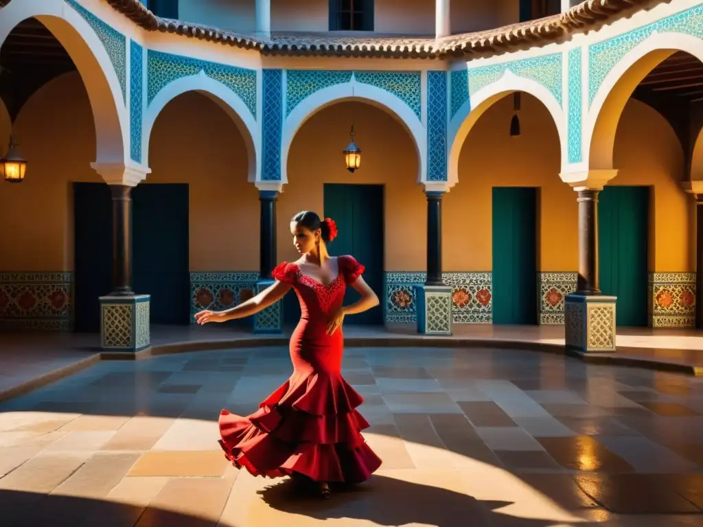 Grupo de artistas del flamenco actuando en un patio morisco, mostrando el origen del flamenco en Al-Ándalus con pasión y misterio