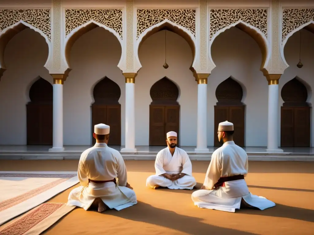 Grupo de artistas marciales practicando en un hermoso patio de mezquita al amanecer, fusionando disciplina y espiritualidad en las artes marciales en el Islam