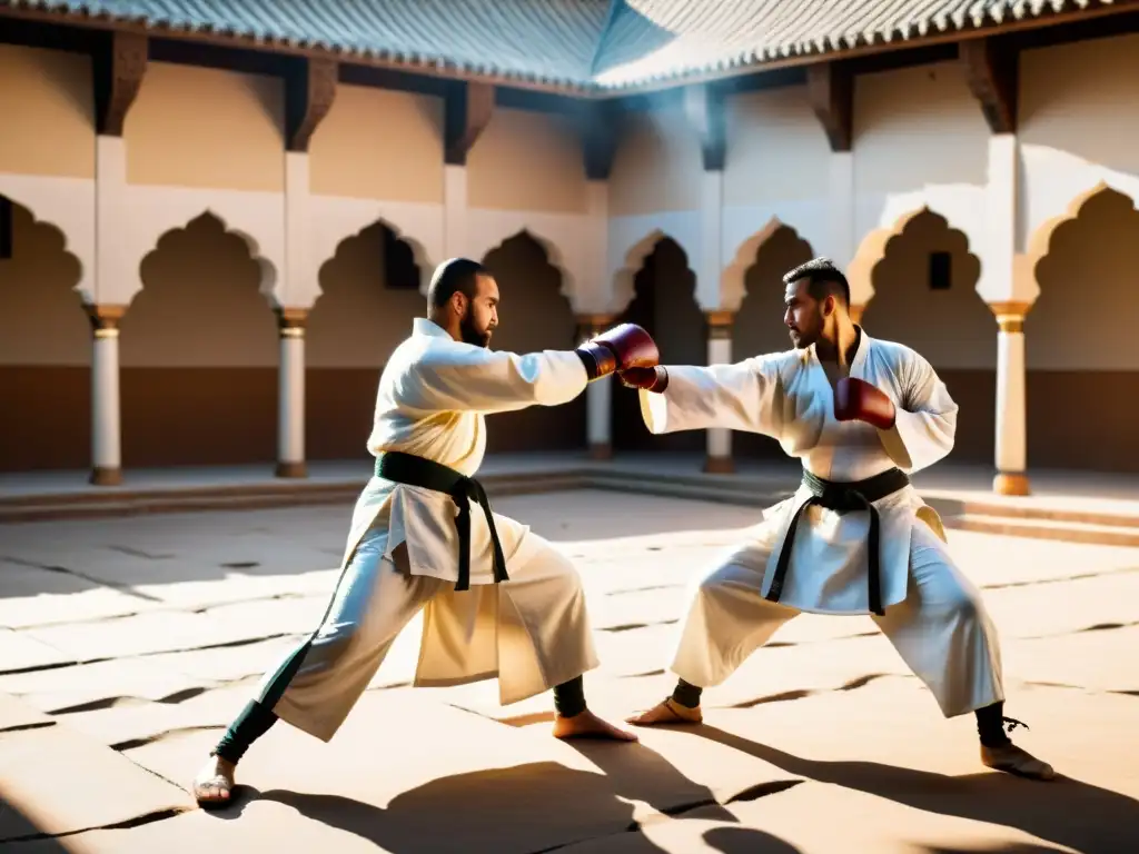 Un grupo de artistas marciales islámicos practican técnicas ancestrales de combate en un patio soleado, mostrando movimientos precisos y fluidos