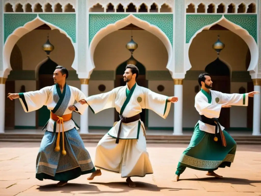 Un grupo de artistas marciales Sufi en una rutina sincronizada, capturando la conexión espiritual en un patio soleado