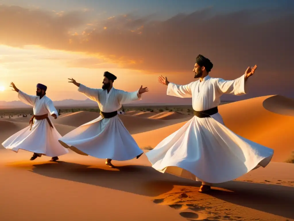 Grupo de artistas marciales sufíes realizando la danza de los derviches giróvagos al atardecer, expresando conexión espiritual y disciplina