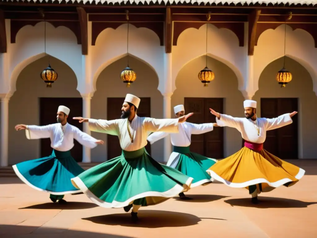 Grupo de artistas marciales sufíes realizando danza derviche, evocando una conexión espiritual y tranquilidad en el patio soleado