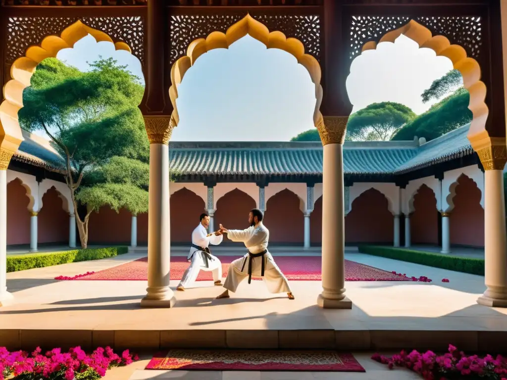 Un grupo de artistas marciales practica técnicas de artes marciales tradicionales en un patio soleado con arcos ornamentados y patrones de mosaico