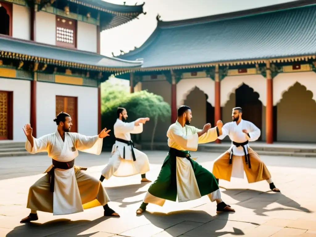 Un grupo de artistas marciales vestidos con atuendos tradicionales islámicos realizan movimientos intrincados en un patio soleado, con exuberante vegetación y arquitectura ornamentada de fondo