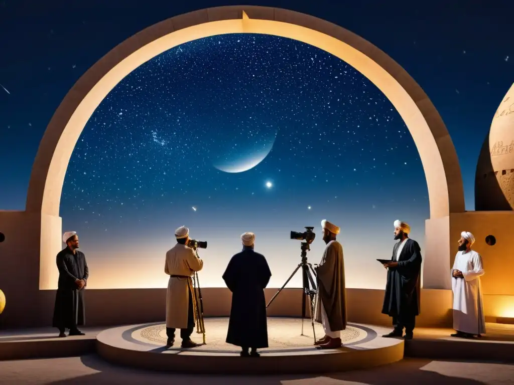 Grupo de astrónomos islámicos observando el cielo nocturno en un observatorio antiguo