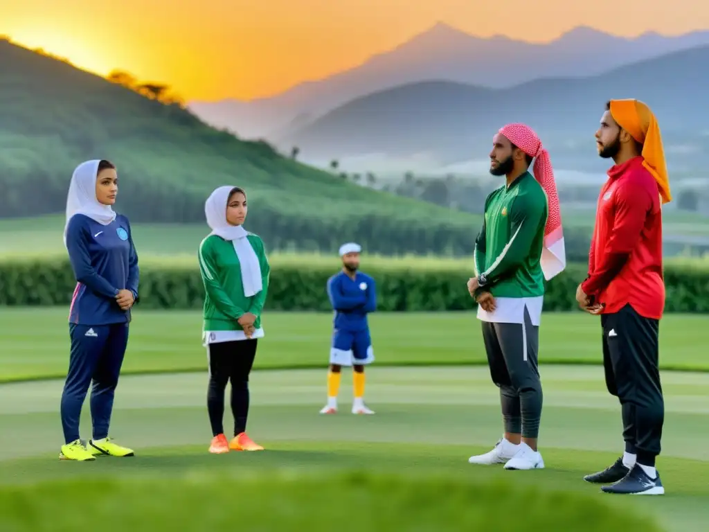 Un grupo de atletas musulmanas en círculo, reflejando serenidad y unión en un campo al atardecer