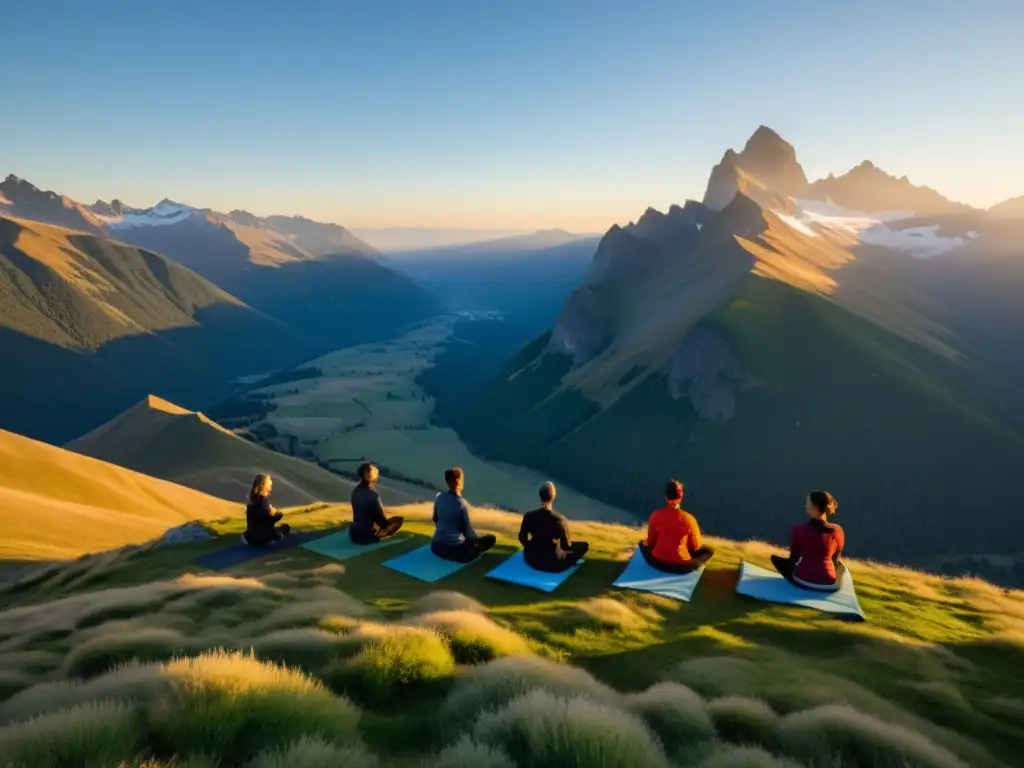 Grupo de atletas practicando yoga al amanecer en un paisaje montañoso sereno, combinando tradición deportiva con espiritualidad en la naturaleza