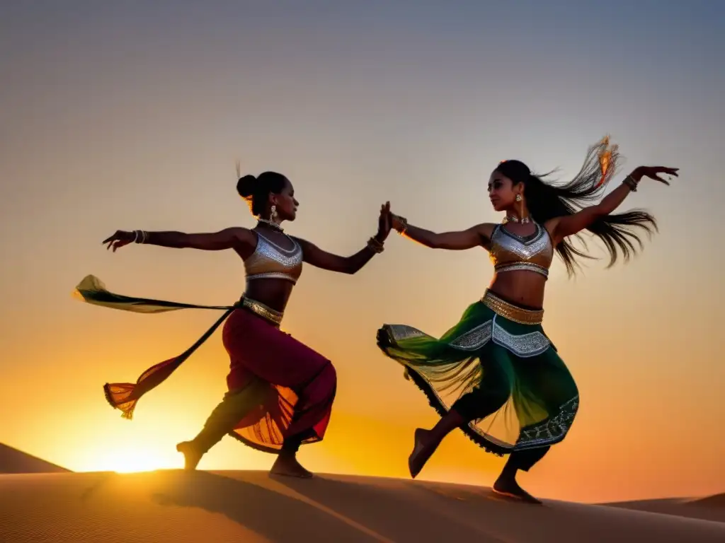 Grupo de bailarines de Tahtib en danza tradicional al atardecer en el desierto, celebrando la importancia del Tahtib en celebraciones islámicas