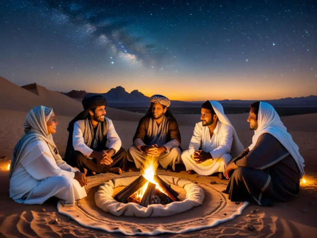 Un grupo de beduinos se reúne bajo el cielo estrellado del desierto, compartiendo prácticas espirituales en torno al cálido fuego