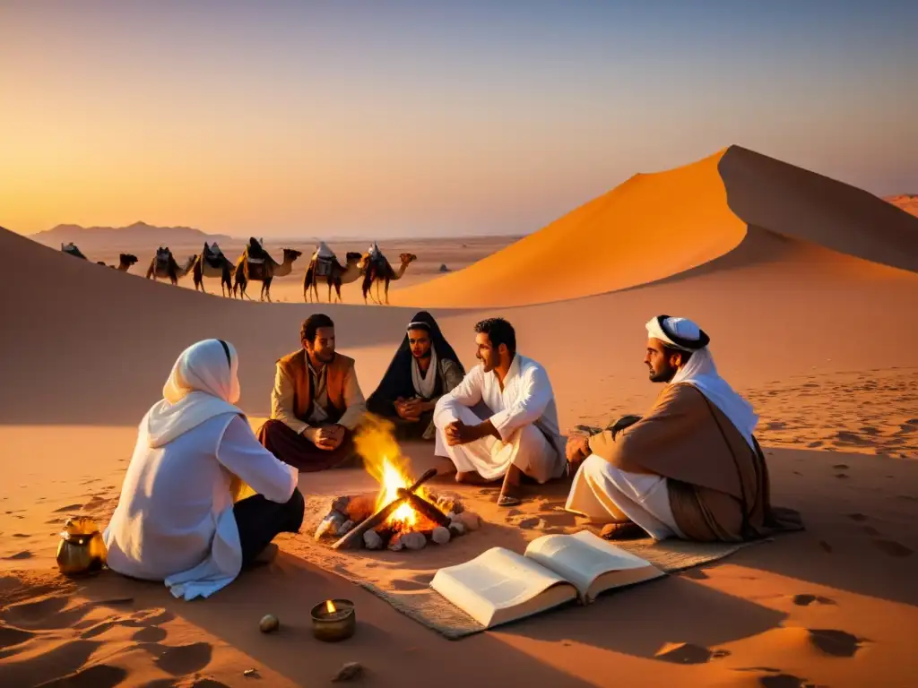 Grupo de beduinos alrededor de una fogata en el desierto, influencia literatura beduina en mundo islámico