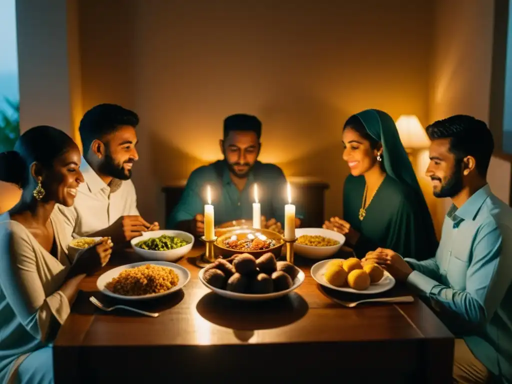 Un grupo comparte la cena de Ramadán en un ambiente sereno iluminado por velas