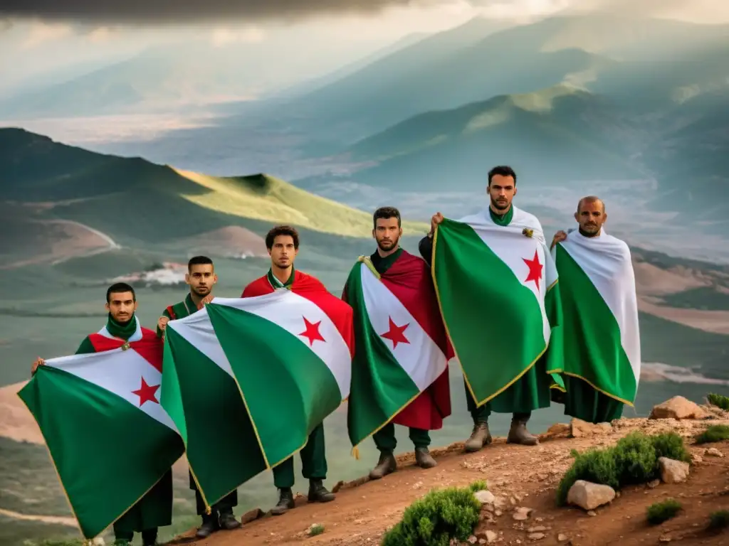 Grupo de combatientes de la Revolución Argelina en la montaña, ondeando la bandera argelina con determinación y resiliencia