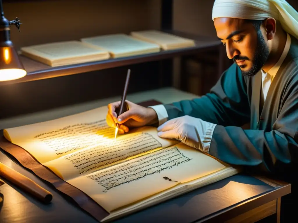 Un grupo de conservadores restaura con cuidado manuscritos islámicos antiguos en un taller atmosférico, iluminados con luz cálida, mostrando la dedicación a preservar estos artefactos preciosos