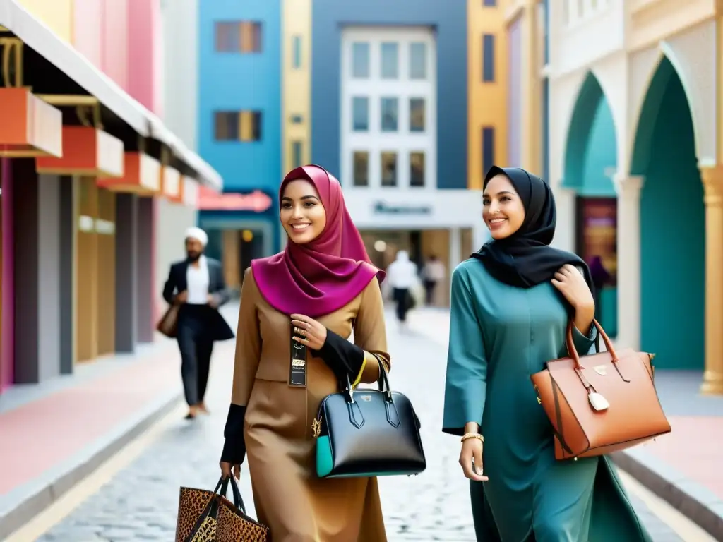 Grupo de creadoras musulmanas de moda tradicional, caminando empoderadas por la ciudad entre edificios modernos y tradicionales, vistiendo coloridos hijabs y ropa elegante, mientras conversan y sonríen