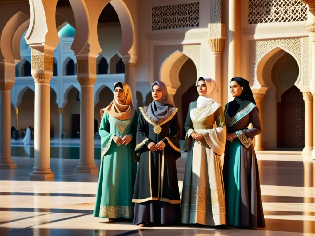 Un grupo de creadoras musulmanas muestra la moda tradicional en una histórica mezquita, luciendo elegantes hijabs y abayas con detalles exquisitos