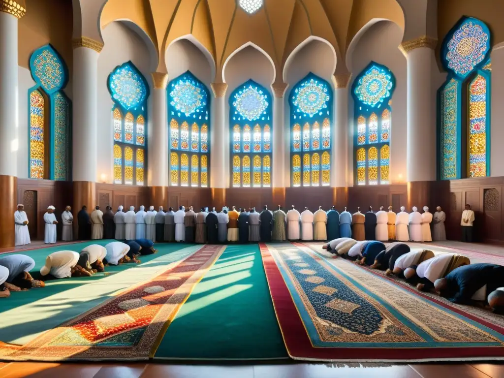 Grupo de creyentes musulmanes en oración en una hermosa mezquita