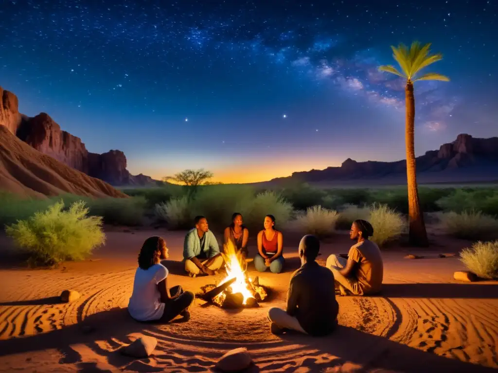 Un grupo escucha atentamente a un cuentacuentos junto al fuego en un oasis del mundo islámico