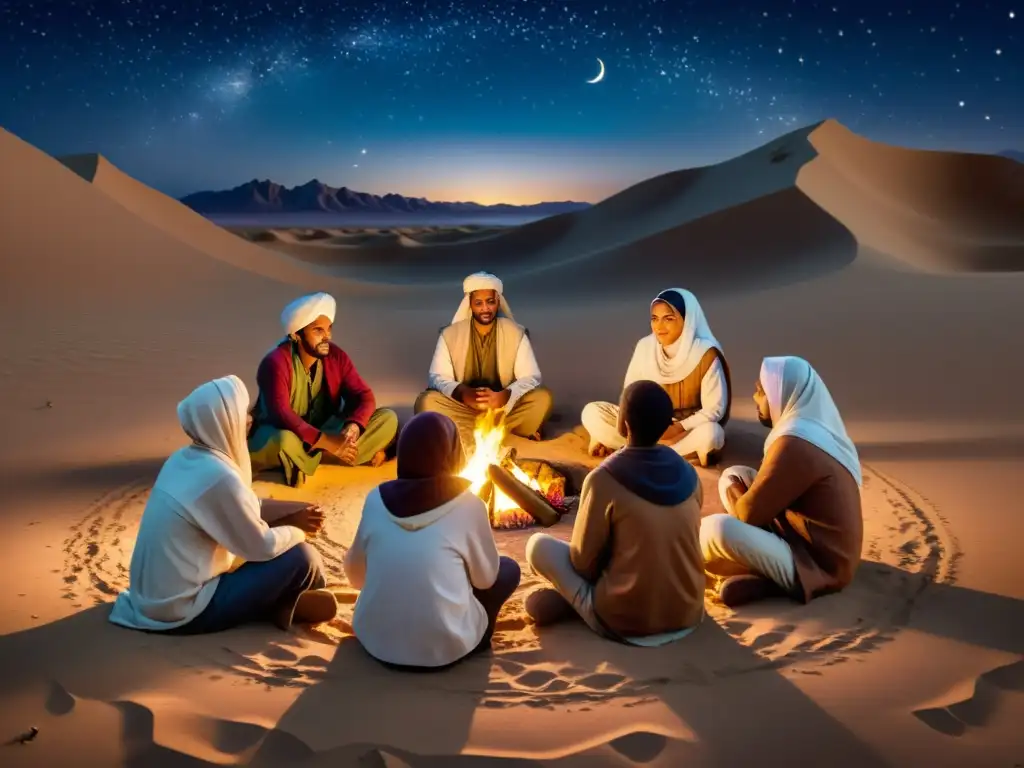 Relatos islámicos alrededor del fuego Un grupo escucha cuentos populares alrededor de una fogata en el desierto, transmitiendo valores y tradiciones islámicas