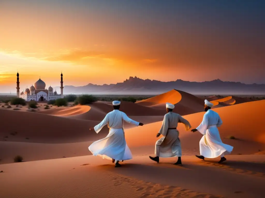 Grupo de derviches en danza en el desierto al atardecer, evocando cuentos sufíes de amor y desapego